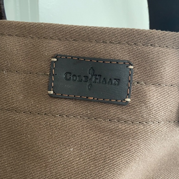 NWOT! COLE HAAN Leather And Canvas Tote Bag Brown Navy - Picture 2 of 7